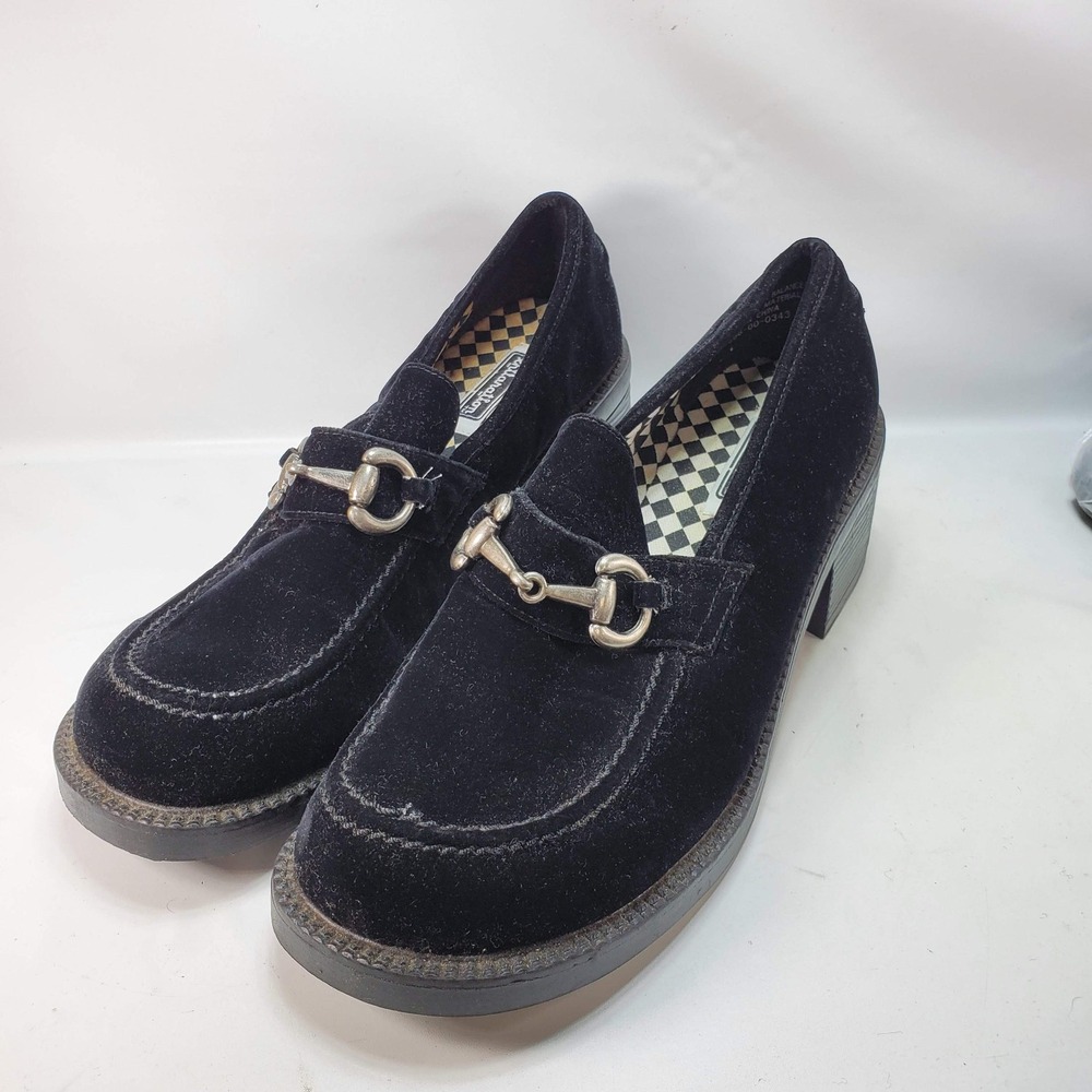 Xhilaration Velvet Loafers Women 10 Black Vintage 90s Chunky Block Heel Bit Goth